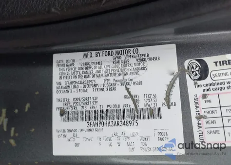 2010 Ford Fusion Se from USA, damaged, VIN 3FAHP0HA3AR348975